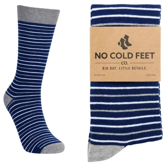 No Cold Feet Fun Colorful Novelty Dress Socks for Men, Navy and White Stripes, Men's Size 8-13, Crew Socks