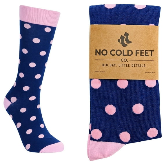 No Cold Feet Fun Colorful Novelty Dress Socks for Men, Navy with Pink Polka Dots, Men's Size 8-13, Crew