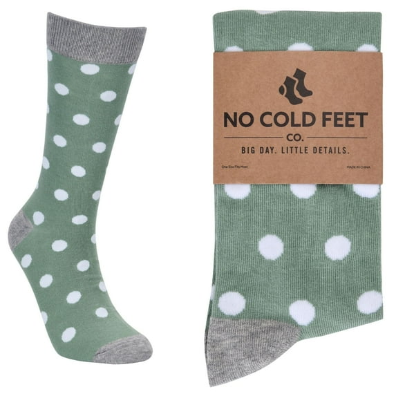 No Cold Feet Fun Colorful Novelty Dress Socks for Men, Sage Green with White Polka Dots, Men's Size 8-13, Crew Socks