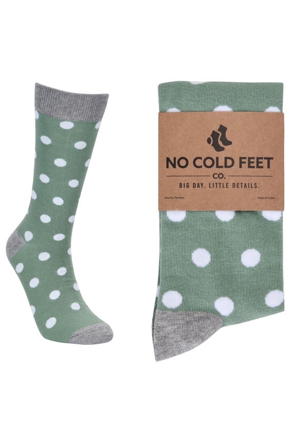Fun Colorful Novelty Dress Socks for Men, Sage Green with White Polka Dots, Men's Size 8-13, Crew Socks