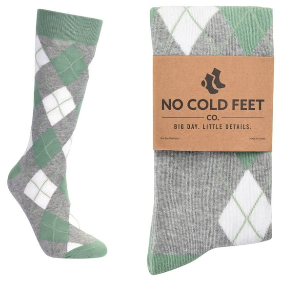 No Cold Feet Fun Colorful Novelty Dress Socks for Men, Sage and Grey Argyle, Men's Size 8-13, Crew