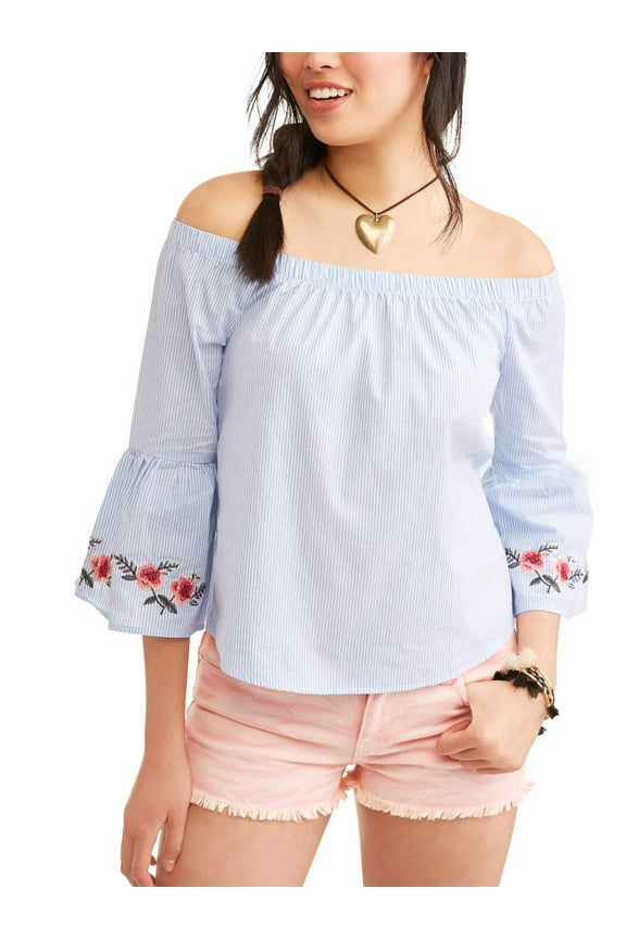 Blouse Juniors' Size XL Poplin Off the Shoulder Floral Embroidered B3