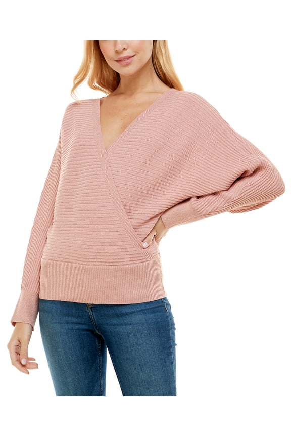 Juniors Dolman-Sleeve V-Back Lurex Surplice Sweater, Bridal Rose, Medium