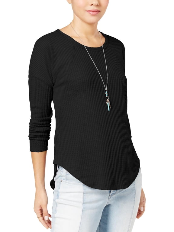 Womens Juniors Hi-Low Knit Pullover Top Black L
