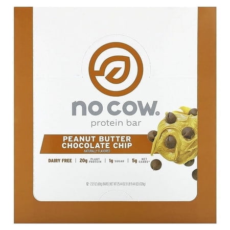 No Cow, Protein Bar, Peanut Butter Chocolate Chip, 12 Bars, 2.12 oz (60 g) Each Pack of 4