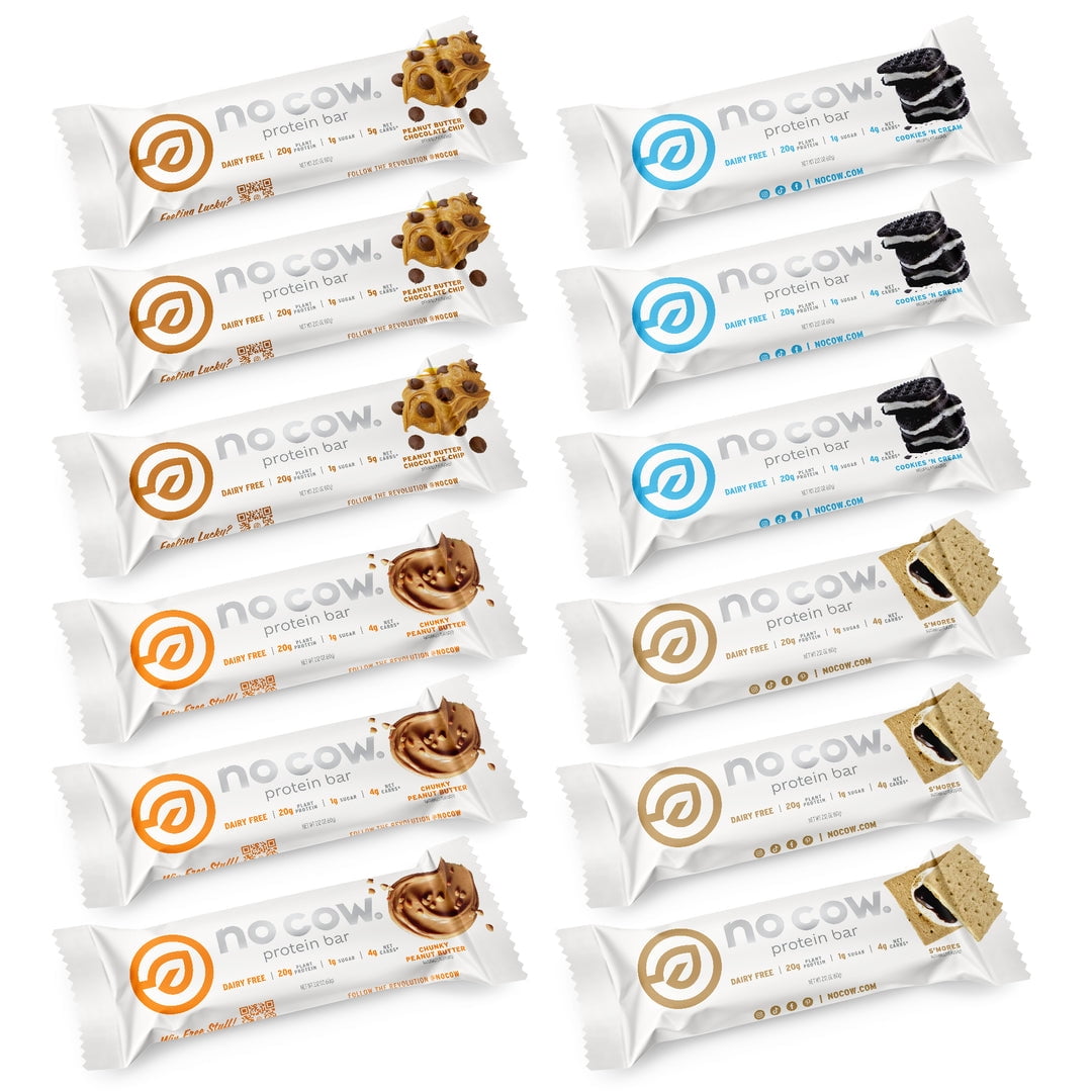 No Cow High Protein Bar Variety Pack (12 Count) - 20g Plant Protein, Low Sugar, Vegan, Keto, Gluten Free