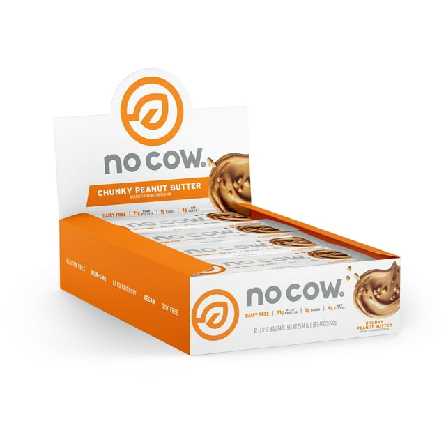No Cow Vegan Protein Bars, Chunky Peanut Butter, Box of 12
