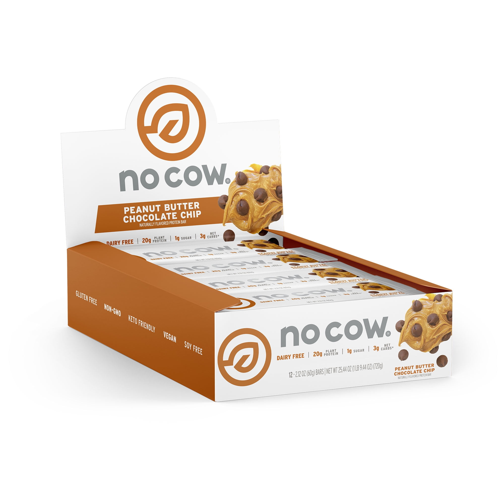 No Cow No Cow Plant-Based Protein Bars, Peanut Butter Chocolate Chip, Box of ...
