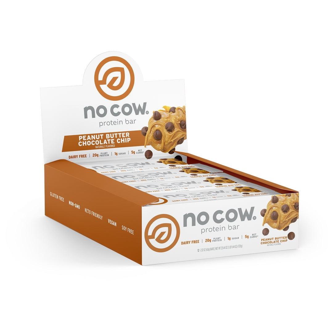No Cow Vegan Protein Bars, Peanut Butter Chocolate Chip, Box of 12