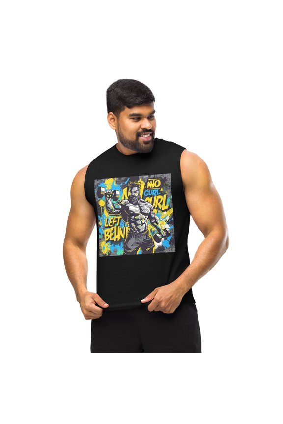 🎨 “No Curl Left Behind” Graffiti-Style Muscular Gym Bro Flexing Biceps - Muscle Shirt (Black, S)
