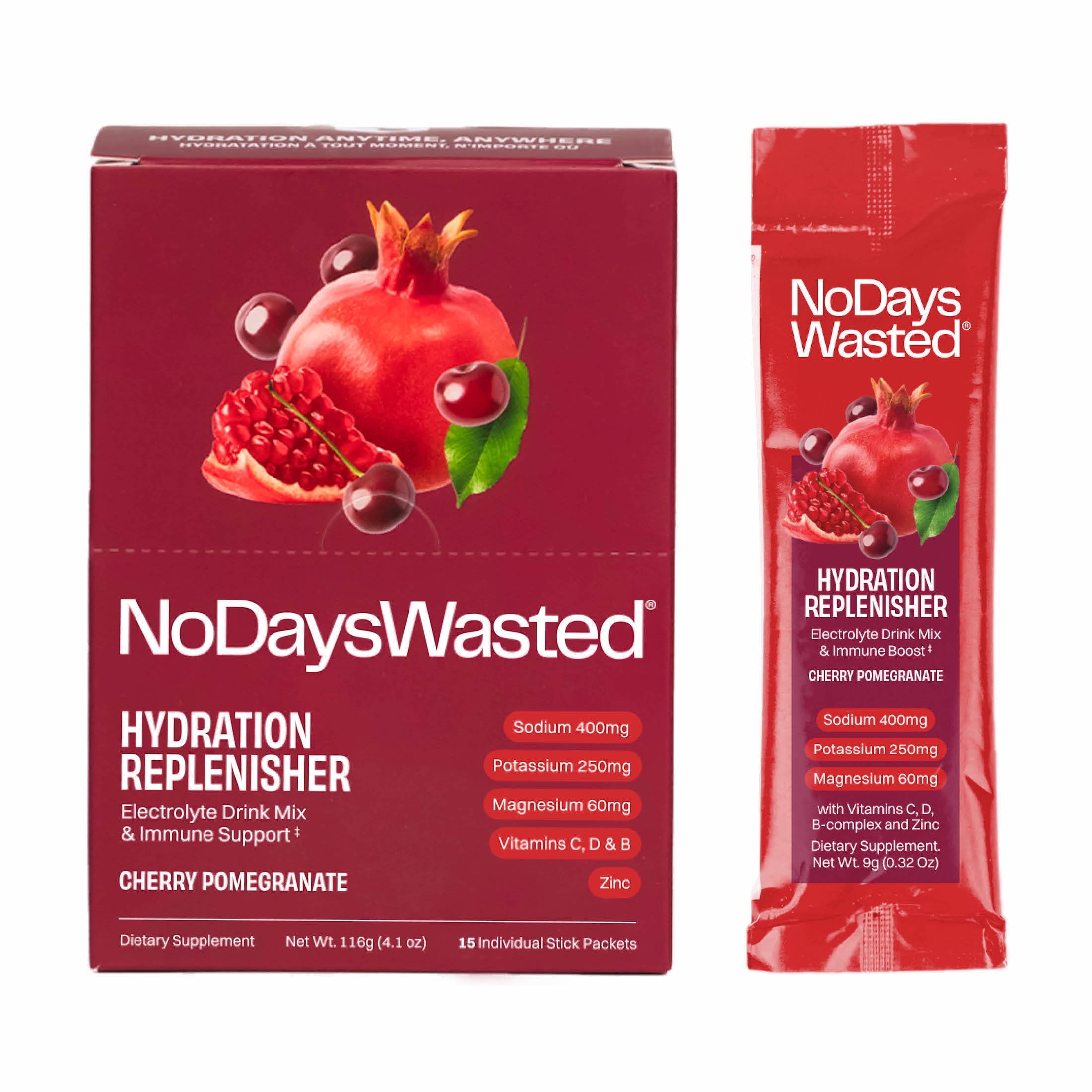 No Days Wasted Hydration Replenisher Electrolyte Replacement, Cherry Pomegranate, 15 Stick Packets