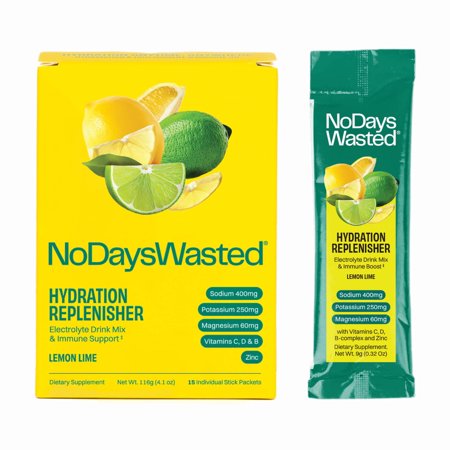 No Days Wasted Hydration Replenisher Electrolyte Replacement, Lemon Lime, 15 Stick Packets
