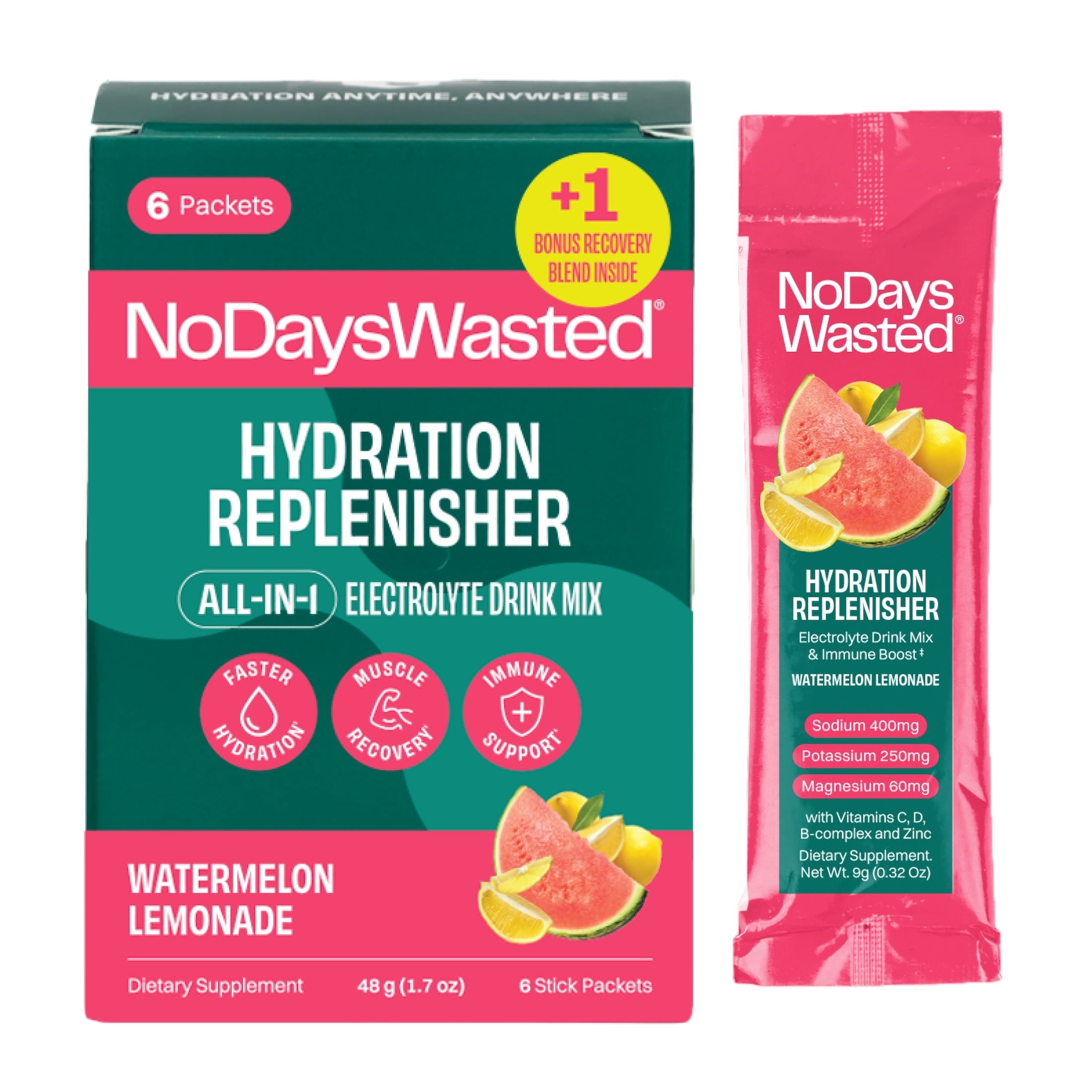 No Days Wasted Hydration Replenisher Electrolyte Replacement, Watermelon Lemonade, Powder Packet Drink Mix, 6 Count