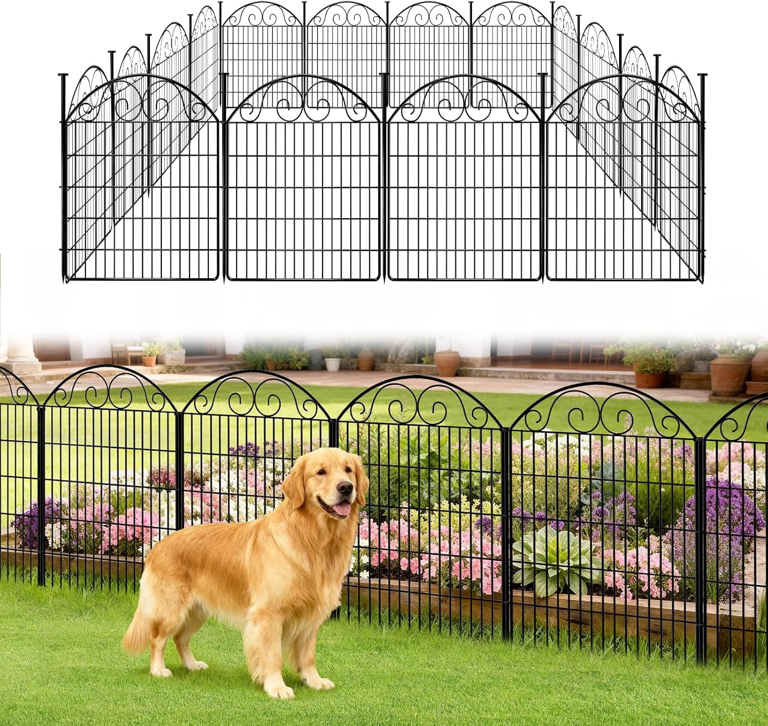 No Dig Decorative Garden Dog Fence Outdoor for Yard, Animal Barrier Fenceing Panels, Rustproof Ground Stakes Temporary Wire Screen for Patio