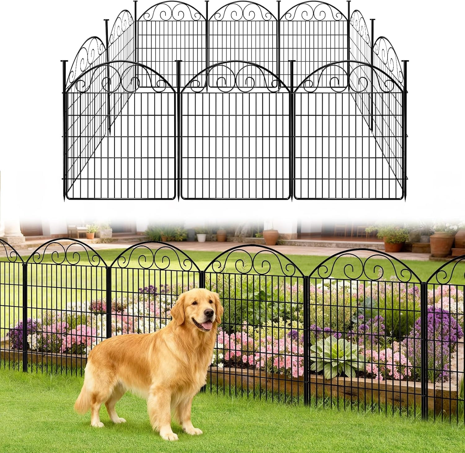 No Dig Decorative Garden Dog Fence Outdoor for Yard, Animal Barrier Fenceing Panels, Rustproof Ground Stakes Temporary Wire Screen for Patio