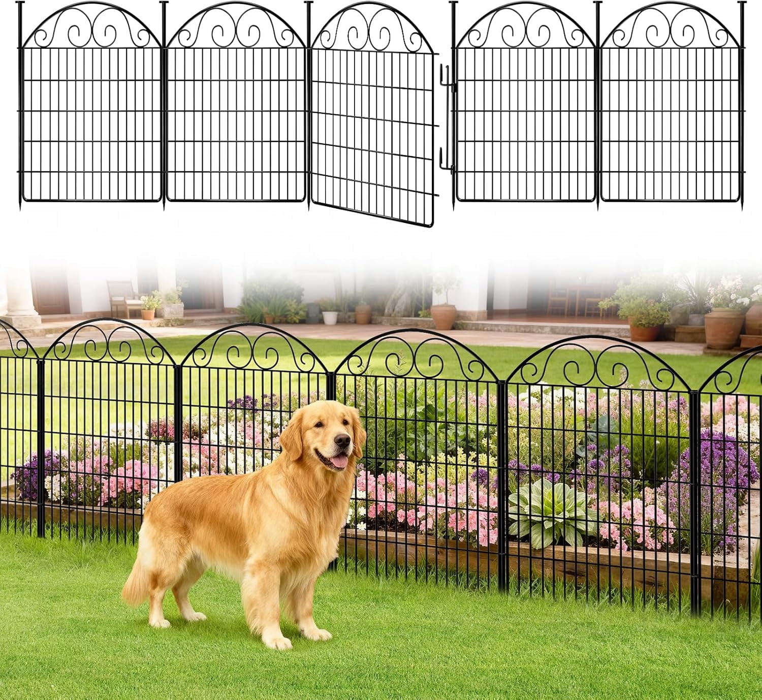 No Dig Decorative Garden Dog Fence Outdoor for Yard, Animal Barrier Fenceing Panels, Rustproof Ground Stakes Temporary Wire Screen for Patio