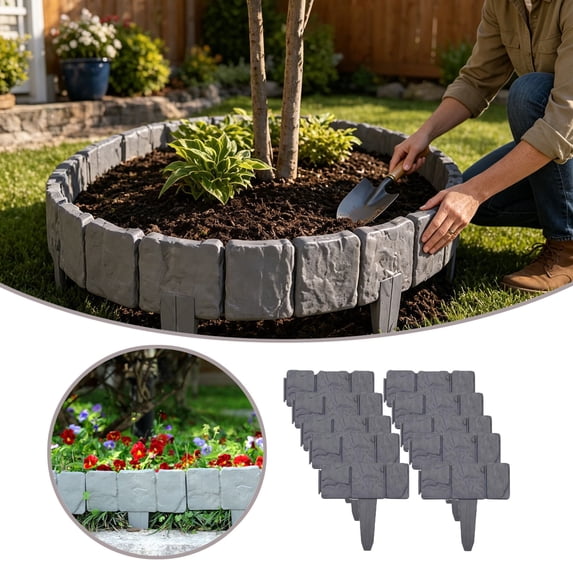 No-Dig Garden Edging Border 10 Pack, 9.84x9.03in Stone-Look Landscape Barrier for Lawn Beds,Grey