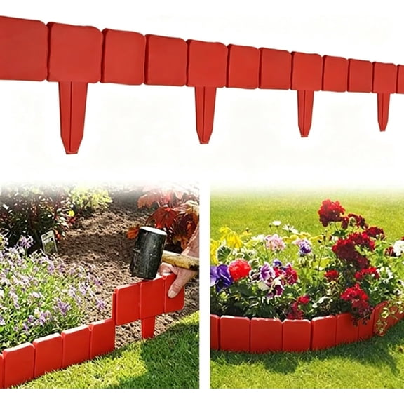 No-Dig Imitation Stone Garden Edging Border, Interlocking Plastic Landscape Retaining Fence for Flower Bed, Cobbled Effect Lawn Decor, Red 20-Pack (k)