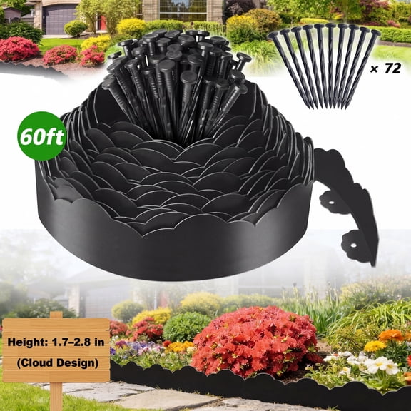 No Dig Landscape Edging 60FT Heavy Duty Kit, Black Plastic Lawn Border with 72 Stakes for Garden Fencing, Paver Edging & Flower Bed Mulch Control