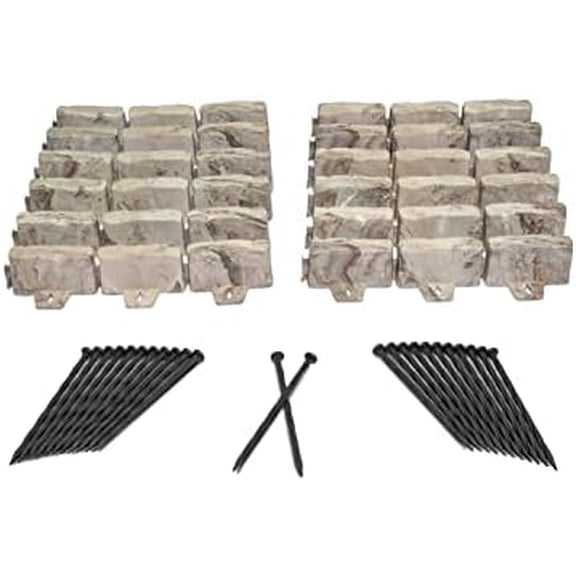No-Dig Landscape Edging with Anchoring Spikes, 2.7 in Tall Decorative Stone-Look Garden Border, 15 Foot Kit, Brown