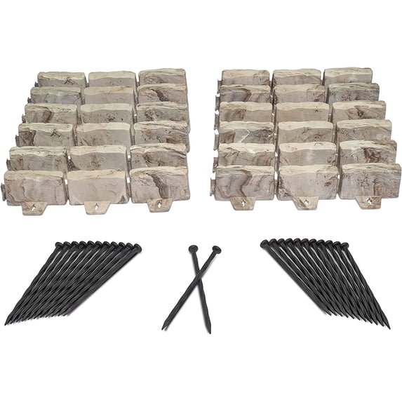 No-Dig Landscape Edging with Anchoring Spikes, 2.7 in Tall Decorative Stone-Look Garden Border, 15 Foot Kit, Brown
