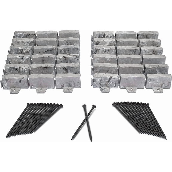 No-Dig Landscape Edging with Anchoring Spikes, 2.7 in Tall Decorative Stone-Look Garden Border, 15 Foot Kit, Slate Gray
