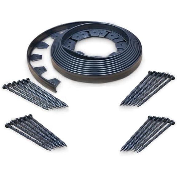 No-Dig Landscape Edging with BONUS Anchoring Spikes, 1.5 in. Tall Straight Top Plastic Garden Border, 40 Foot Kit, Black (3000-40CXX)