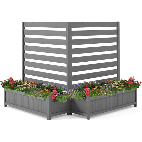 No-Dig Privacy Fence with Planter Box, 2 Panels 36" W x 45" H Wood Screen for AC Unit, Trash Hide & Floral Garden Bed Decorative Outdoor Privacy Screen for Backyard & Balcony, Grey