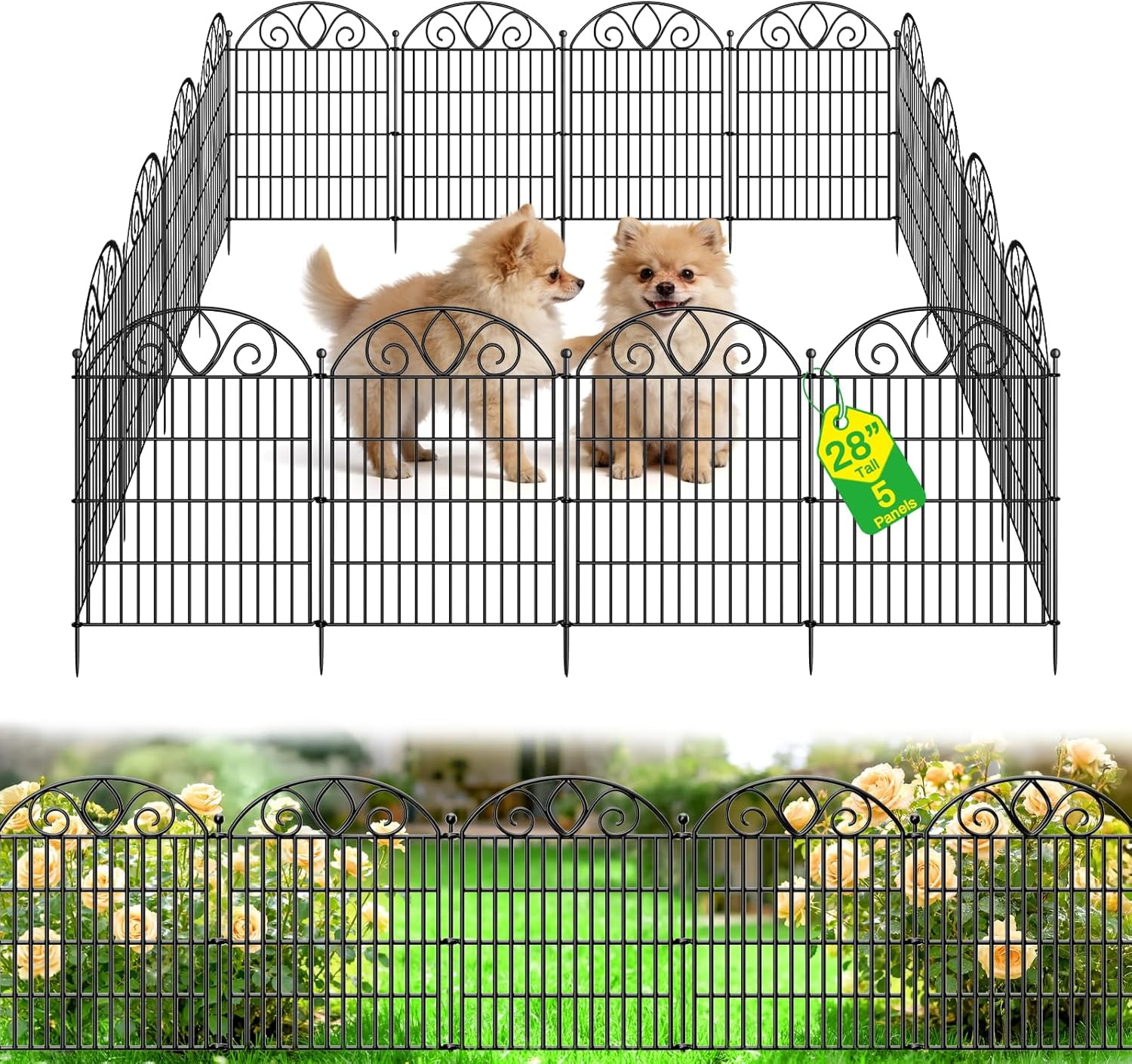 No-Dig Tall Garden Fence – Rustproof Metal Dog Fence, Decorative Yard & Garden Animal Barrier, Easy Install Outdoor Pet & Flower Bed Border, Temporary Fence