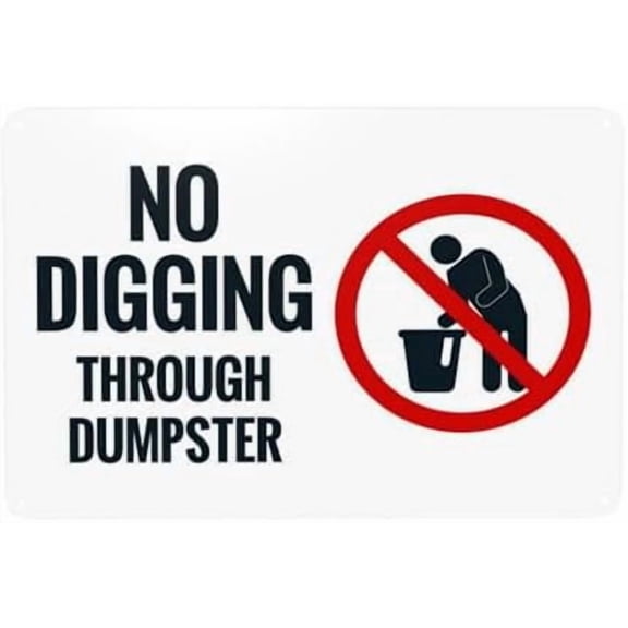 No Digging Through Dumpster Warning Sign, Metal Signs for Home Business Outdoor Indoor Road Yard Garage Street Wall Caution Custom Decor 12 x 8 Inch