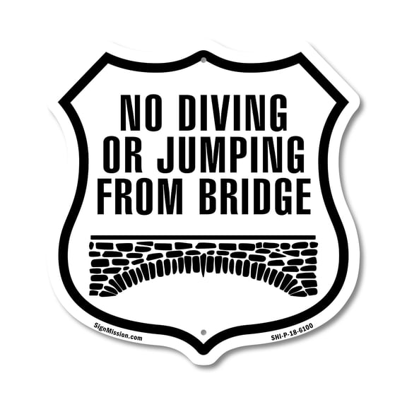 No Diving Or Jumping From Bridge 12 inch X 12 inch Shield-Shaped Rust-Free Aluminum Metal Sign Weather Resistant Made in the USA