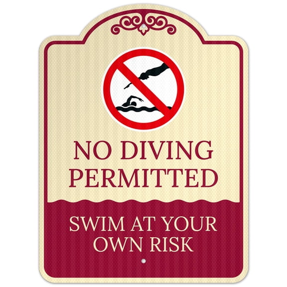 No Diving Permitted Swim at Your Own Risk Sign, Burgundy Light, 18x24 Inches, ACM, Fade Resistant, Made in USA by Sigo Signs