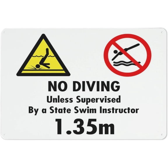 No Diving Unless Supervised By A State Swim Instructor 8"x12" Reflective Aluminum Metal Warning Signage With Symbol For Indoor Outdoor Use