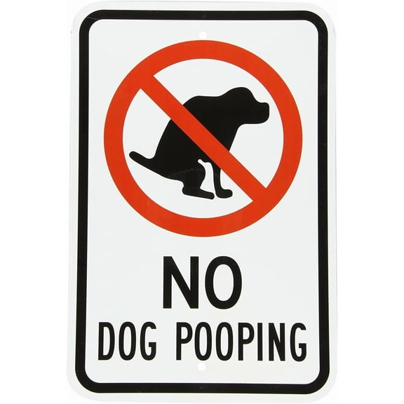 No Dog Pooping with Graphic, Black & White Aluminum, Metal Sign 8X12