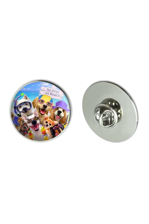 No Dogs on Beach Selfie Golden Retriever Westie Pug Metal 1.1" Tie Tack Hat Lapel Pin Pinback