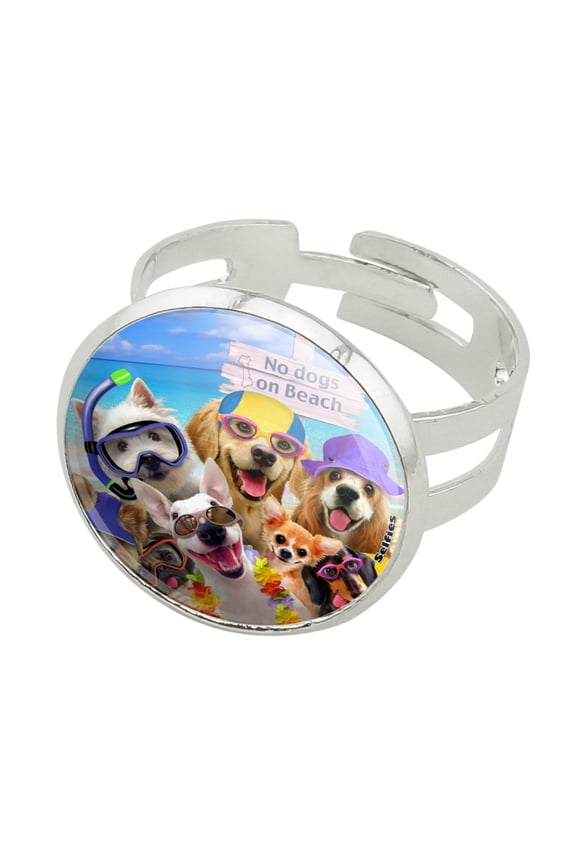 No Dogs on Beach Selfie Golden Retriever Westie Pug Silver Plated Adjustable Novelty Ring