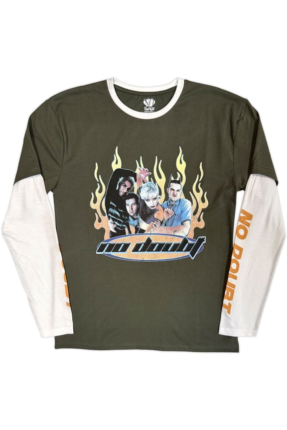 No Doubt Unisex Layered Long Sleeve T-Shirt Flames (Green & White) (Sleeve Print) (Large)