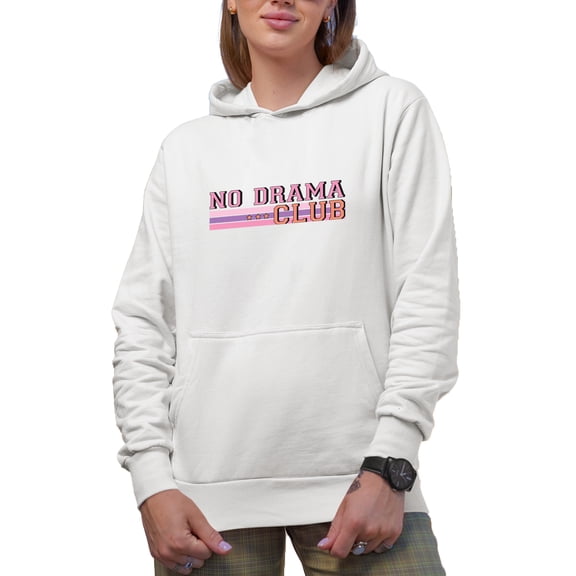 No Drama Club Merch Gift, White Hooded Sweatshirt or Hoodie, Medium