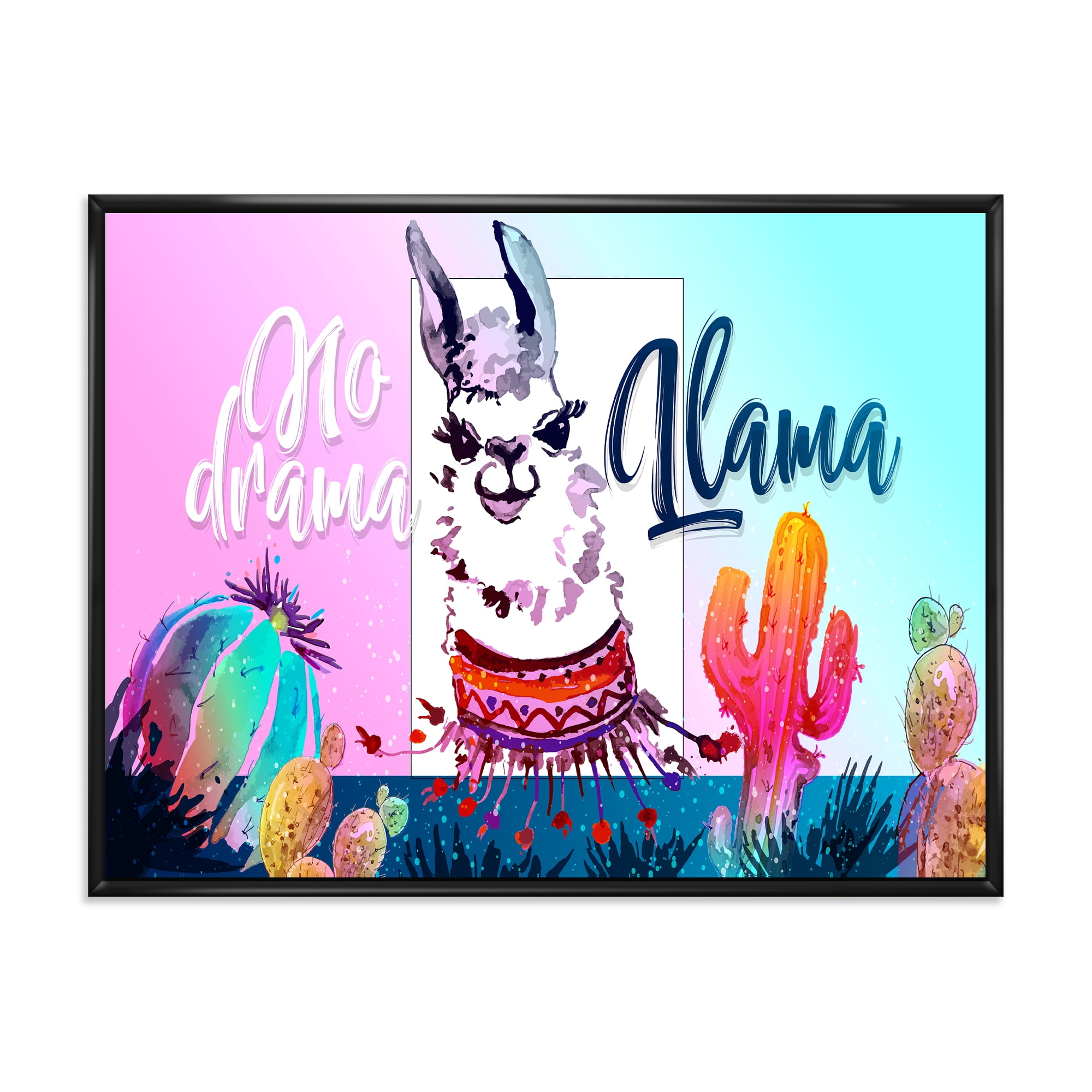 No Drama and Colorful Llama 32 in x 24 in Framed Painting Canvas Art Print, by Designart