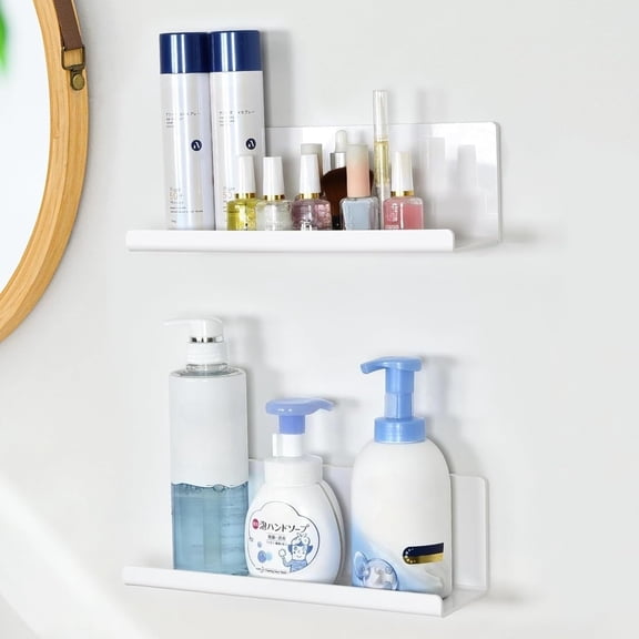 No Drill Adhesive Floating Shelves in Solid Acrylic, 2 Pack White Stick On Wall Organizer