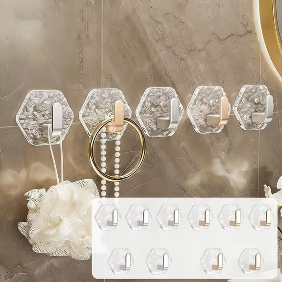 No-Drill Adhesive Hooks with Glacier Water Ripple Pattern, Self-Adhesive Wall Hooks for Bathroom Kitchen, Heavy Duty L-Shaped Hooks, Removable Residue-Free Metallic Finish