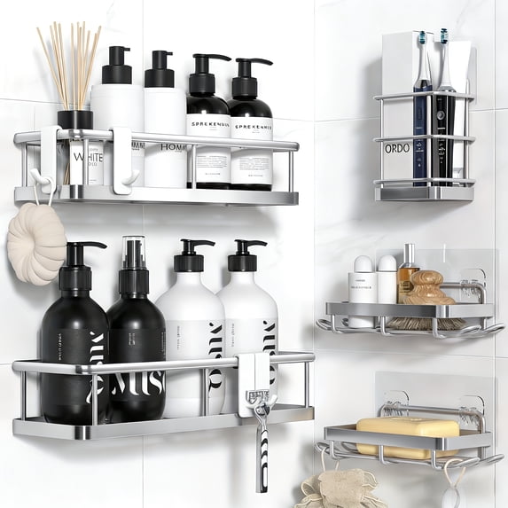 No-Drill Adhesive Shower Caddy, Rustproof Stainless Steel Wall Shelf with Removable Hooks, Waterproof Bathroom Storage Rack for Tile Walls