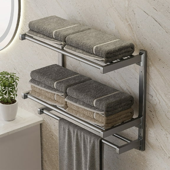 No Drill Adhesive Towel Rack, Wall Mounted Bathroom Shelf with Double Bars for Space Saving Storage, Household Organizer(C)