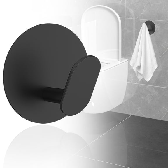 No-Drill Adhesive Wall Hook - Stainless Steel Thumb Hook Heavy Duty - 5x5cm Round Base - For Bathroom Kitchen Towel Organizer - 1 Piece - Black