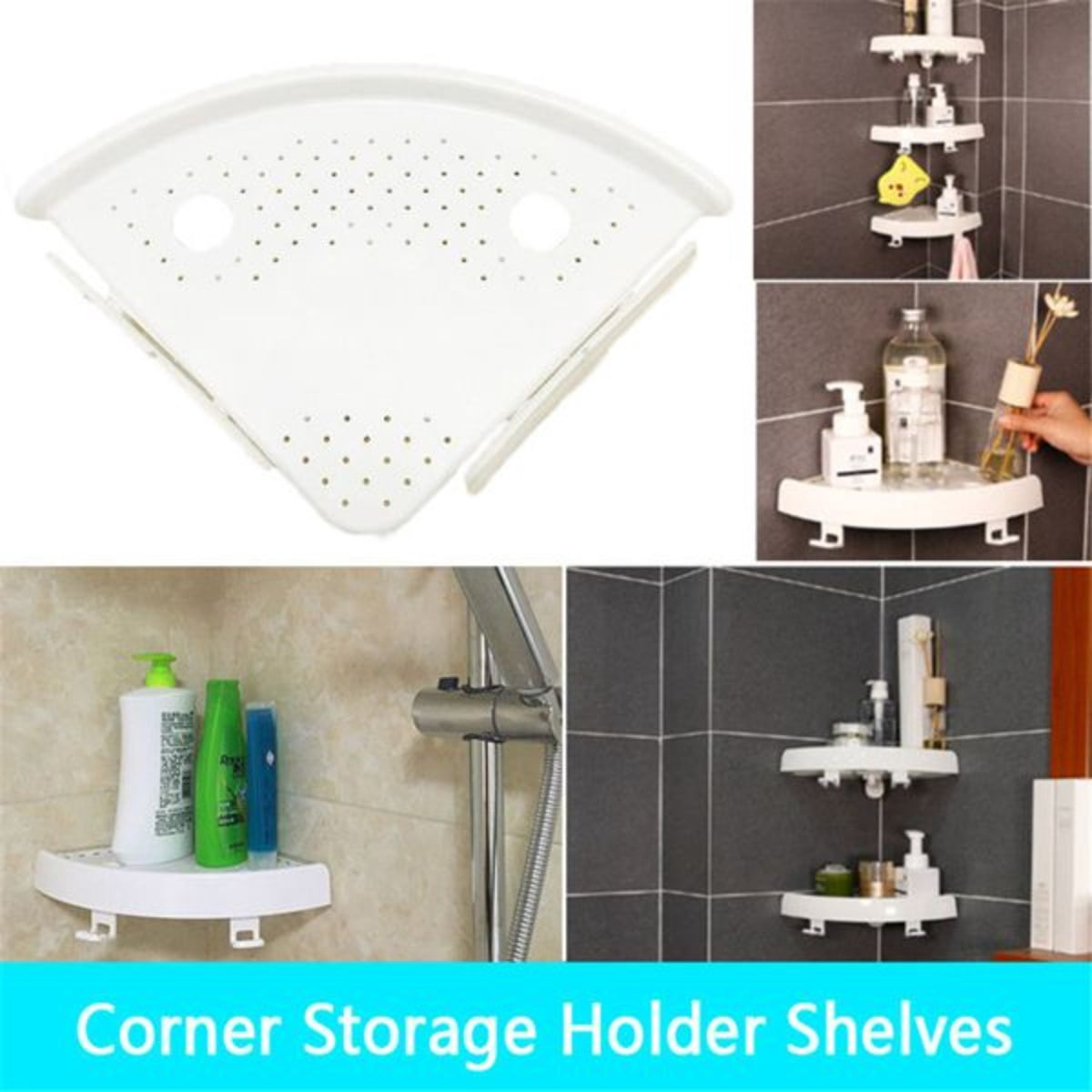 No-Drill Bathroom Corner Shelf Organizer with Hooks - Easy Install ...