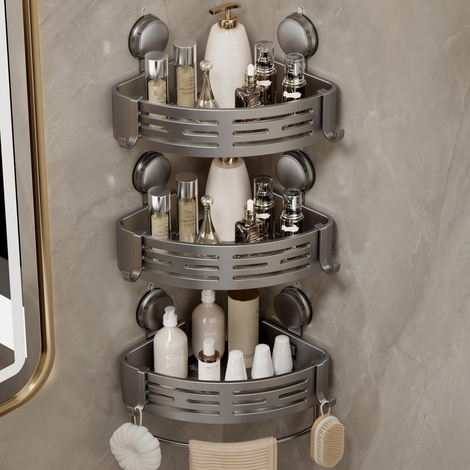 No-Drill Bathroom Corner Shelf Suction Cup Shower Organizer with Towel Bar and Hooks, Durable Corner Shower Shelves Suction Cup for Shampoo Storage in Bathroom Shower