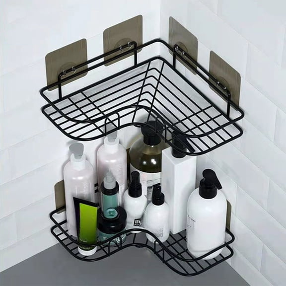 No-Drill Bathroom Corner Storage Rack - Double-Layer Strong Adhesive Wall Mounted, Waterproof Rust-Proof Space-Saving, Ideal for Toilet Sink Kitchen Corner Organizer, Black