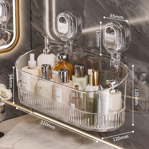 No-Drill Bathroom Organizer, Powerful Suction Cup Shower Storage Box & Caddy - Waterproof Corrugated Shelf for Bathroom Wall, Bathtub, Vanity(Clear)