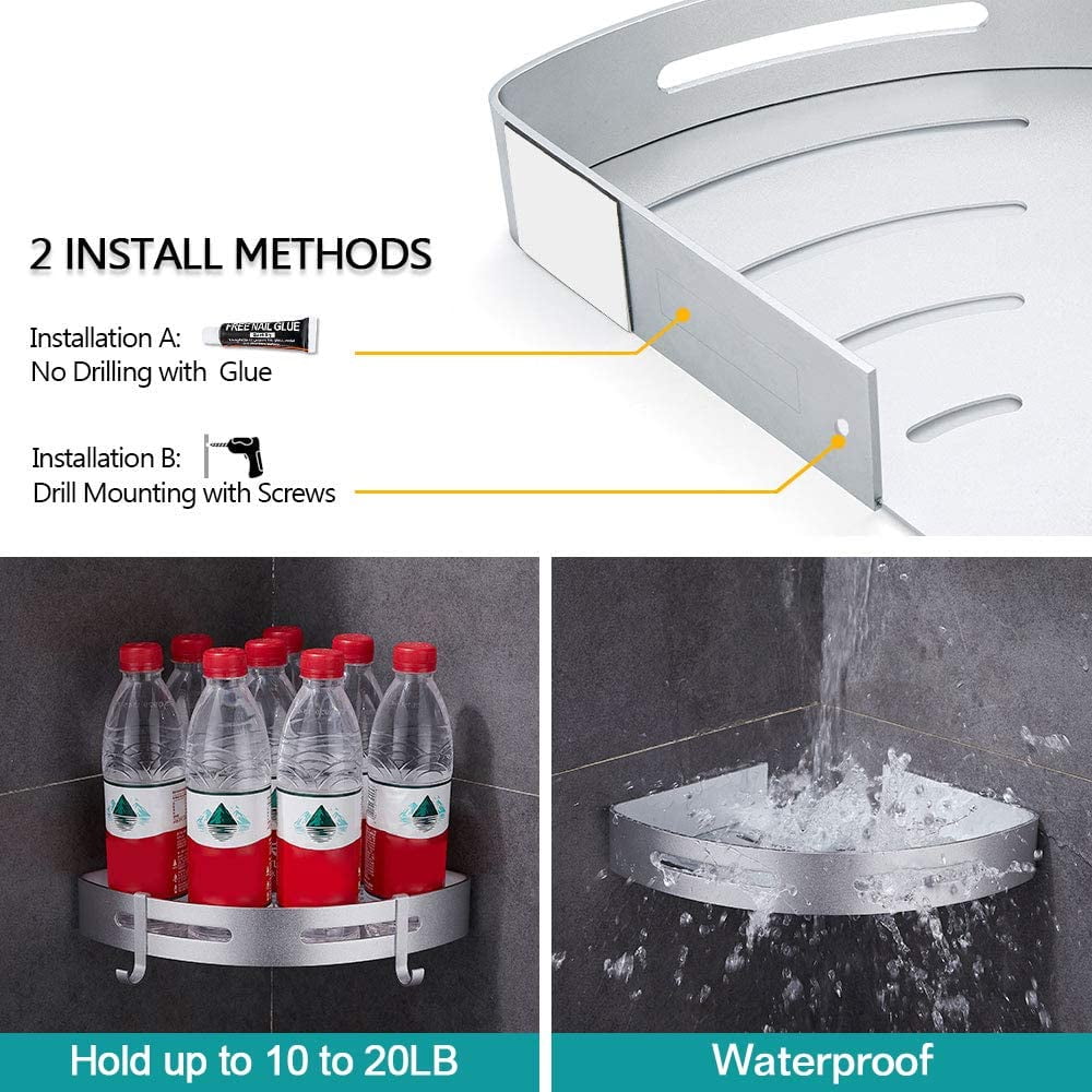 No Drill Bathroom Shelves with Removable Hooks Aluminum Adhesive Shower ...