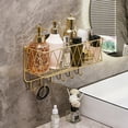thumbnail image 1 of No Drill Bathroom Shelving Unit, Wall Mounted Toiletries Skin Care Storage Rack, Wrought Iron Hook Shelf for Bath Sponge Gold, 1 of 6